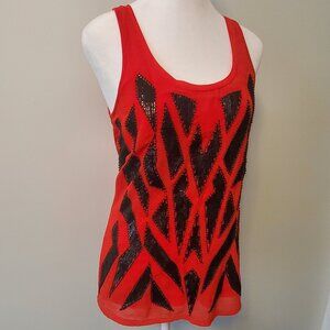 BOGO 50% EXPRESS Y2K Women's XS Red Tank Top Black Beaded Abstract Geo Design